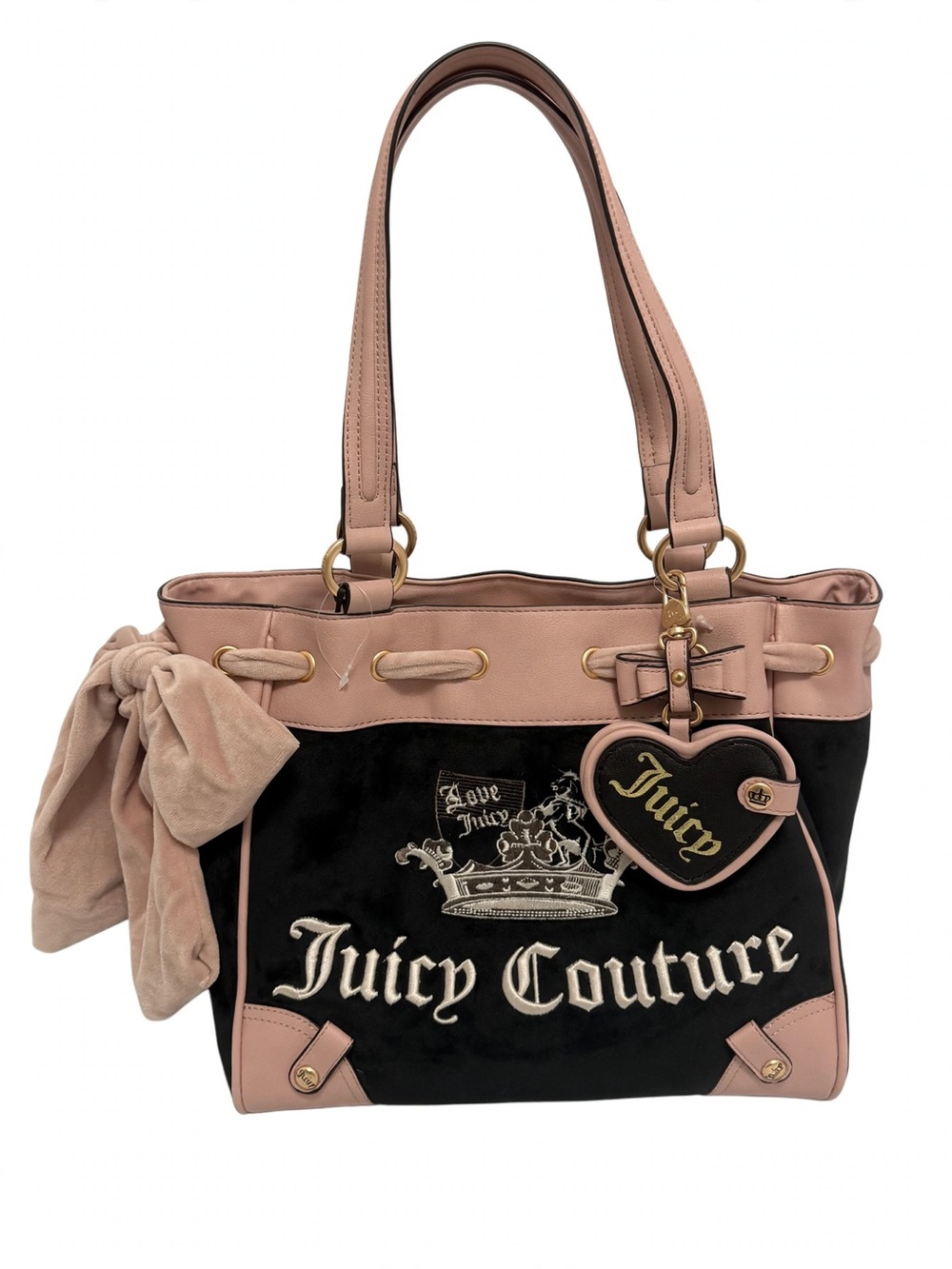 Juicy Couture Black and Blush Embroidered Tote with Heart Charm